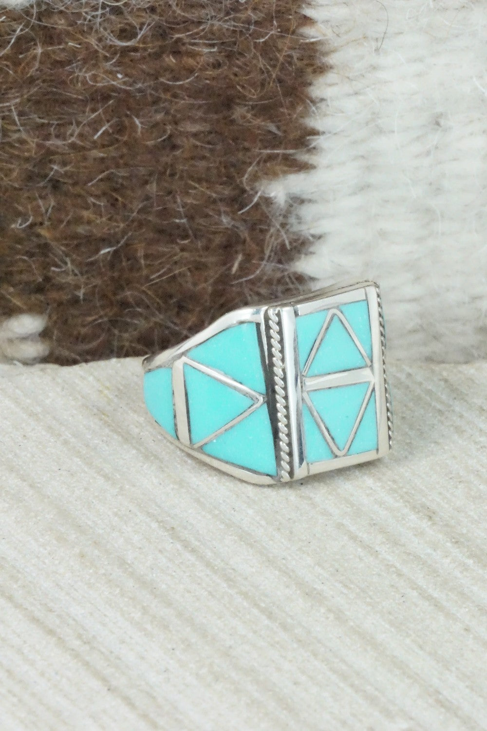 Turquoise & Sterling Silver Inlay Ring - Claudine Haloo - Size 8.5