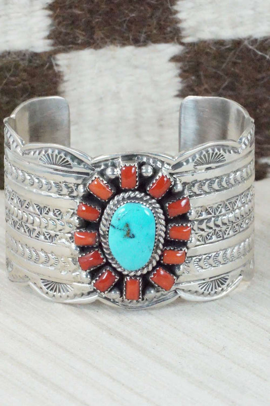 Turquoise, Coral and Sterling Silver Bracelet - Tillie Jon