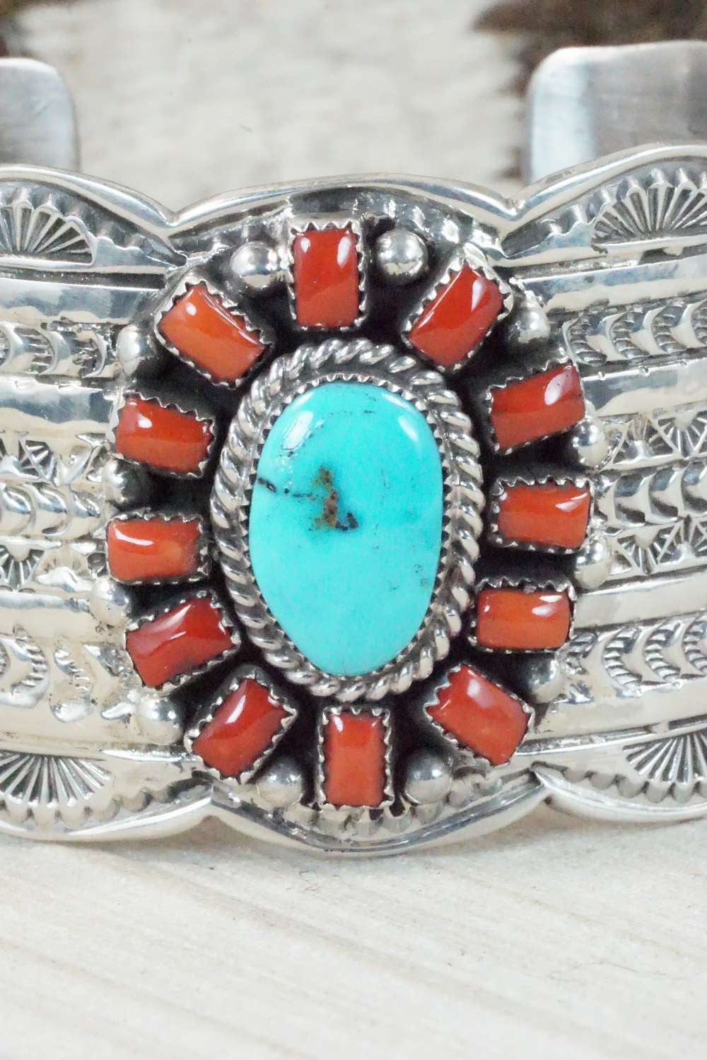 Turquoise, Coral and Sterling Silver Bracelet - Tillie Jon