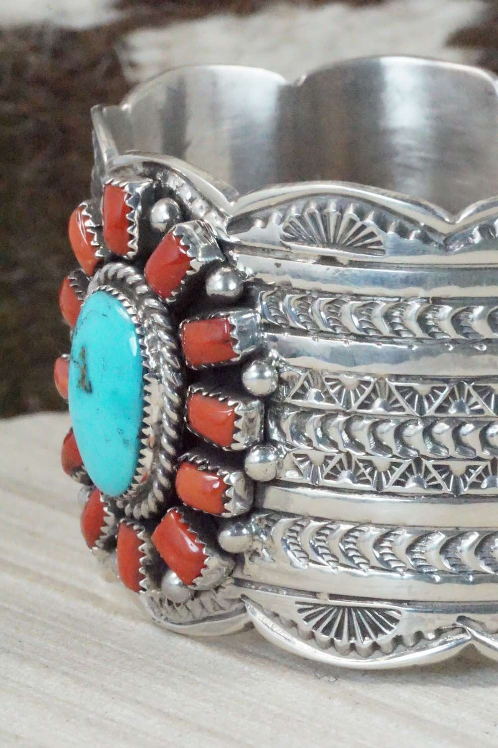 Turquoise, Coral and Sterling Silver Bracelet - Tillie Jon
