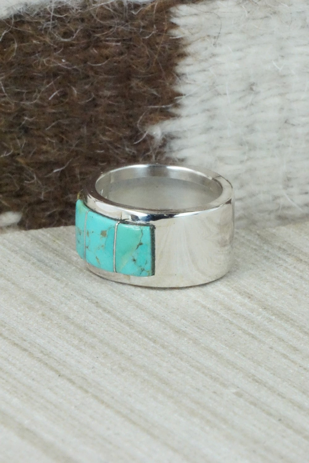 Turquoise & Sterling Silver Inlay Ring - Bruce Johnson - Size 9.5