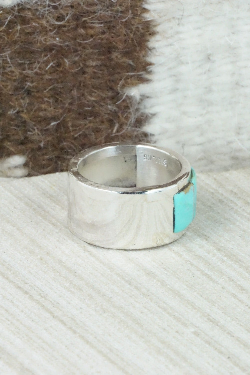 Turquoise & Sterling Silver Inlay Ring - Bruce Johnson - Size 9.5