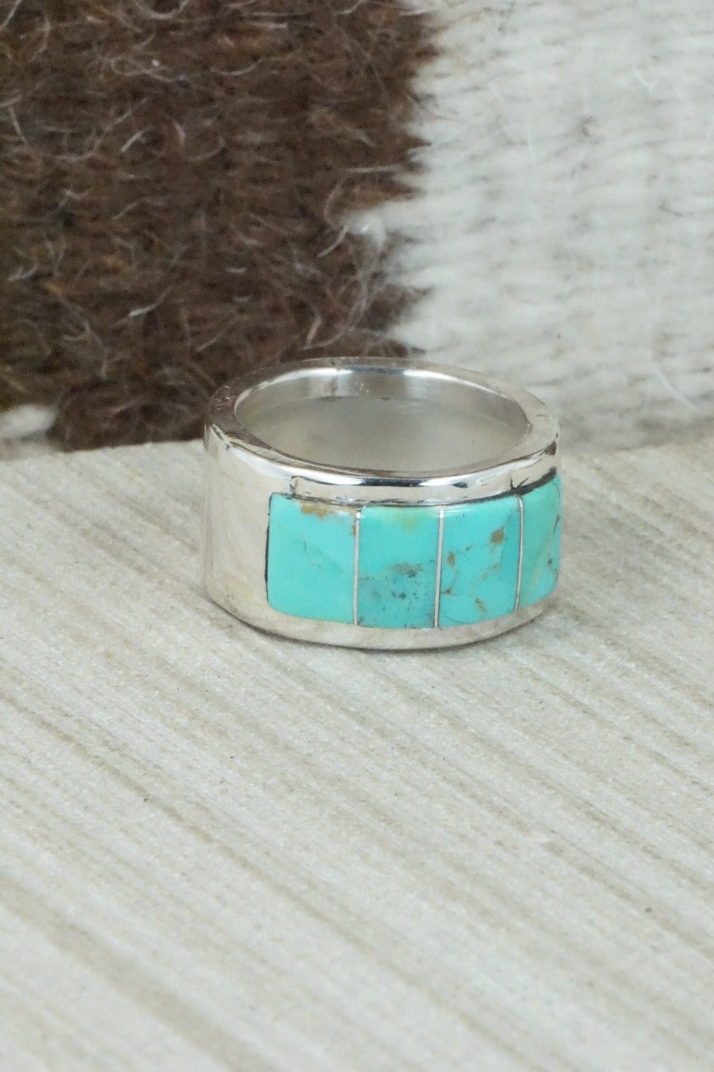 Turquoise & Sterling Silver Inlay Ring - Bruce Johnson - Size 9.5
