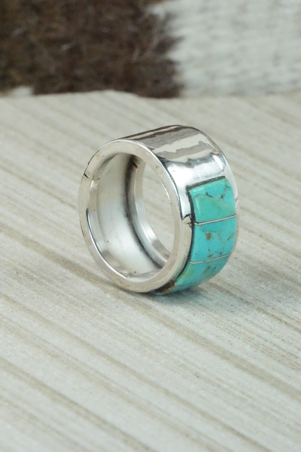 Turquoise & Sterling Silver Inlay Ring - Bruce Johnson - Size 9.5
