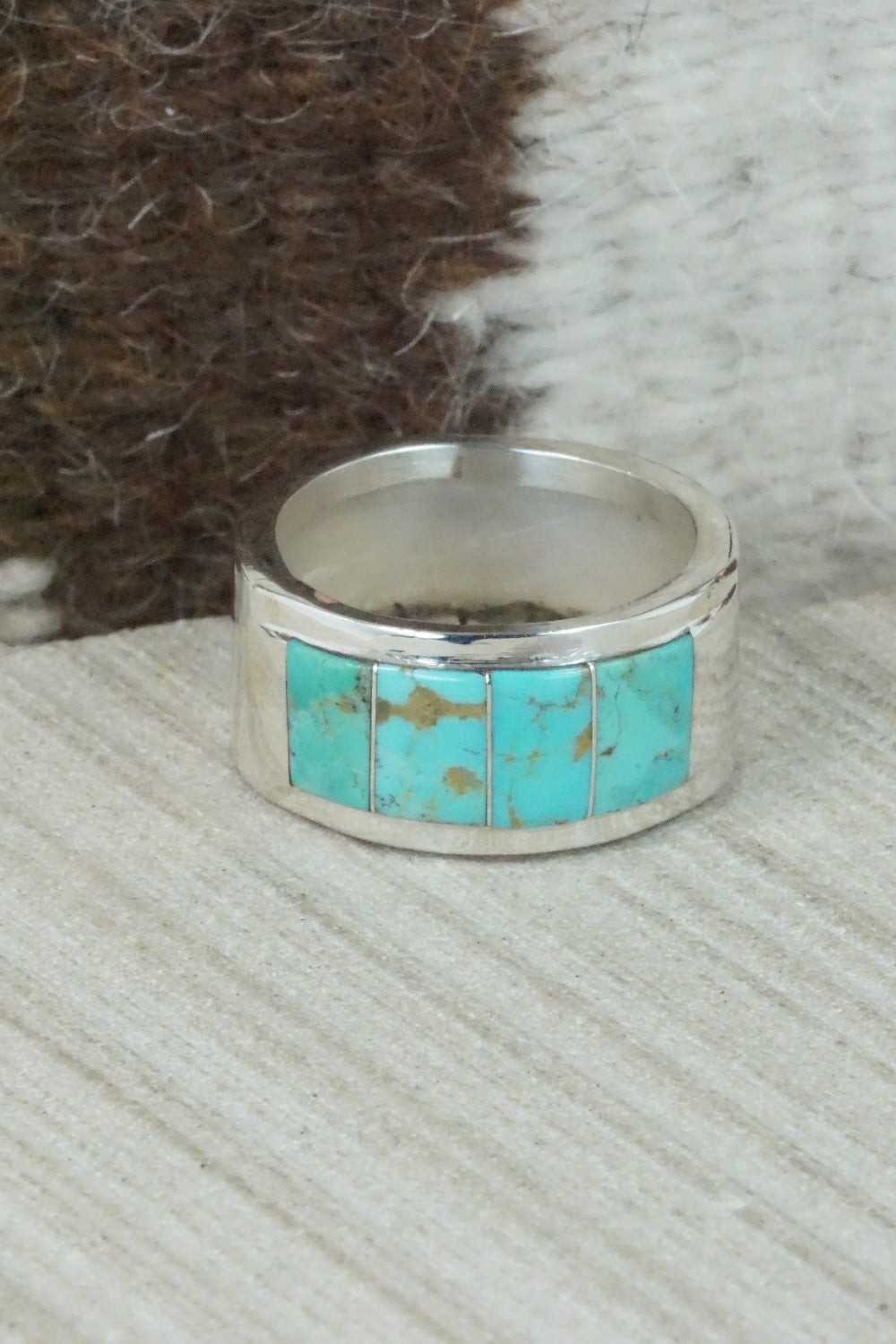 Turquoise & Sterling Silver Inlay Ring - Bruce Johnson - Size 11.5