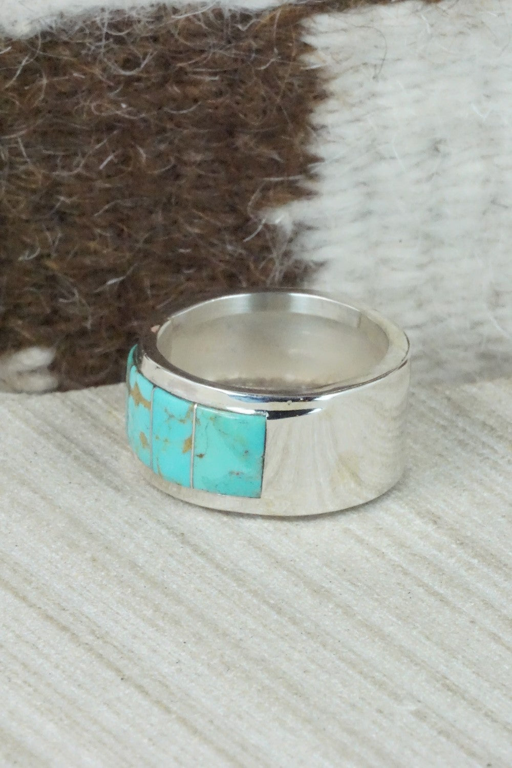 Turquoise & Sterling Silver Inlay Ring - Bruce Johnson - Size 11.5