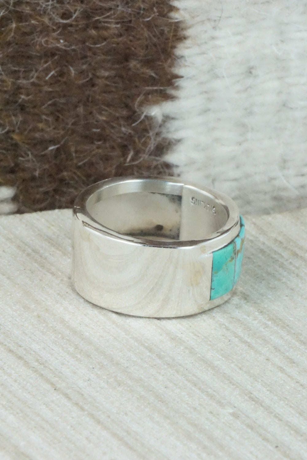 Turquoise & Sterling Silver Inlay Ring - Bruce Johnson - Size 11.5