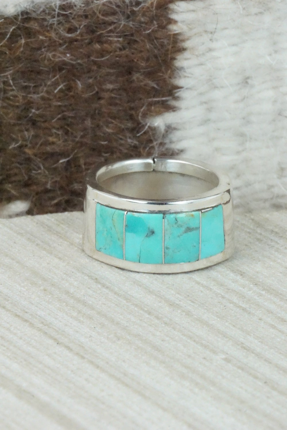 Turquoise & Sterling Silver Inlay Ring - Bruce Johnson - Size 10
