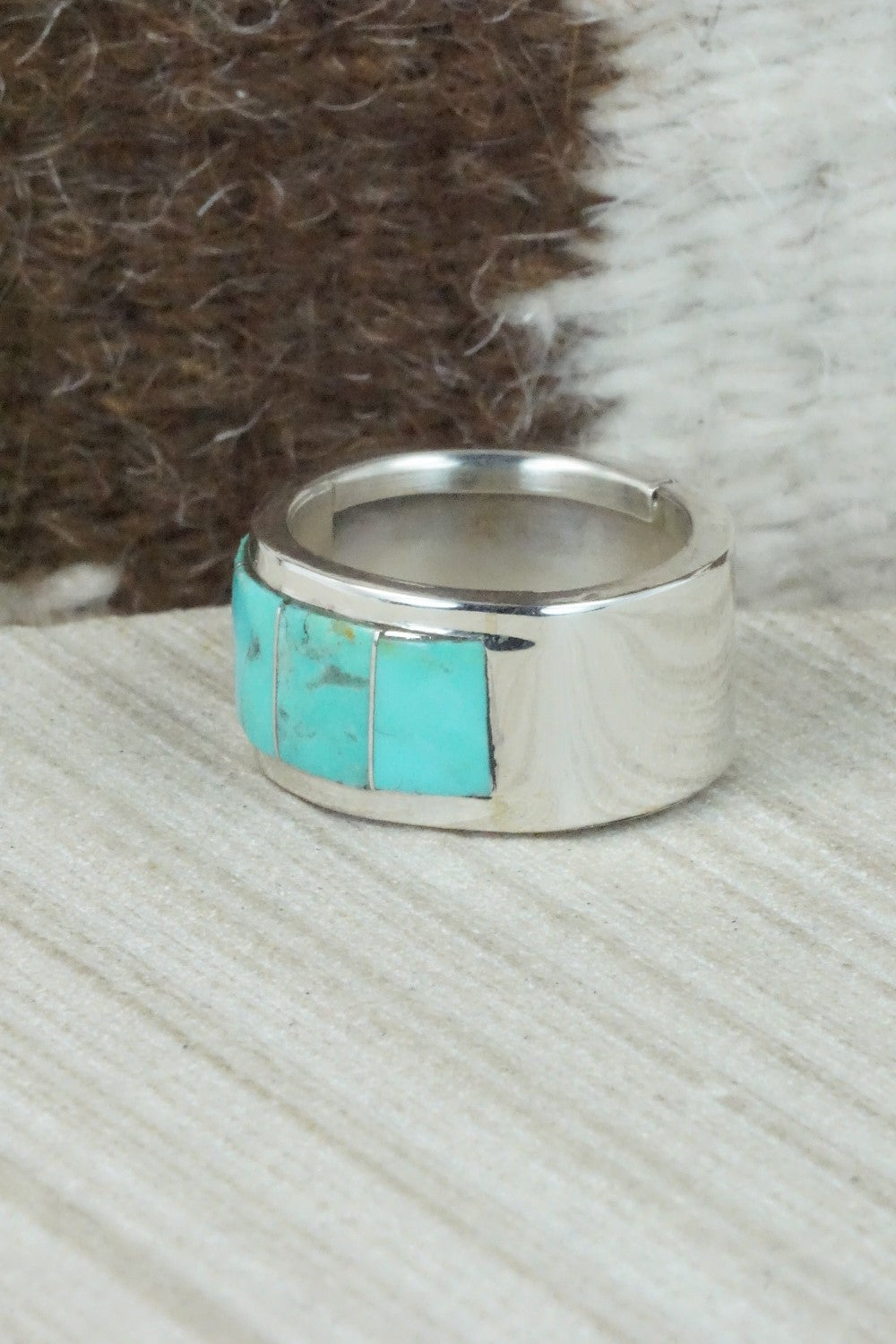 Turquoise & Sterling Silver Inlay Ring - Bruce Johnson - Size 10