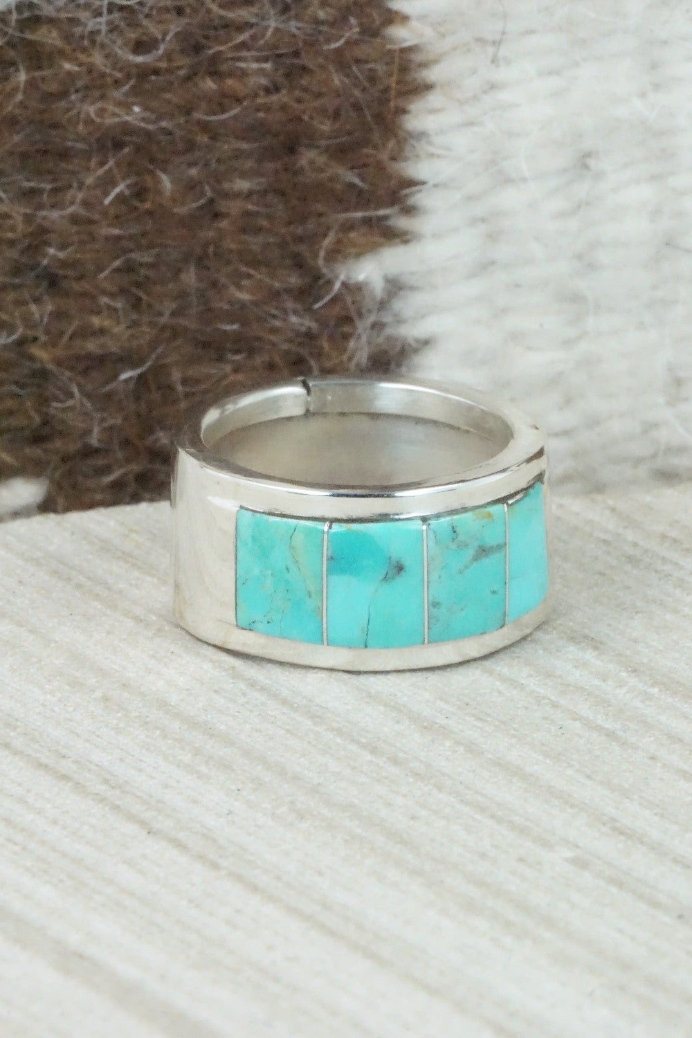 Turquoise & Sterling Silver Inlay Ring - Bruce Johnson - Size 10
