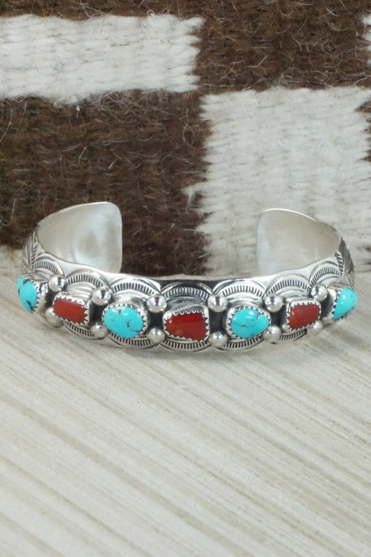 Turquoise, Coral & Sterling Silver Bracelet - Grace Silver