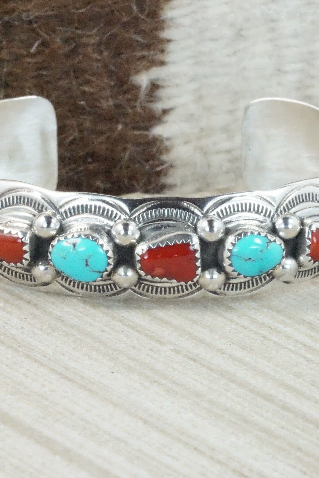 Turquoise, Coral & Sterling Silver Bracelet - Grace Silver
