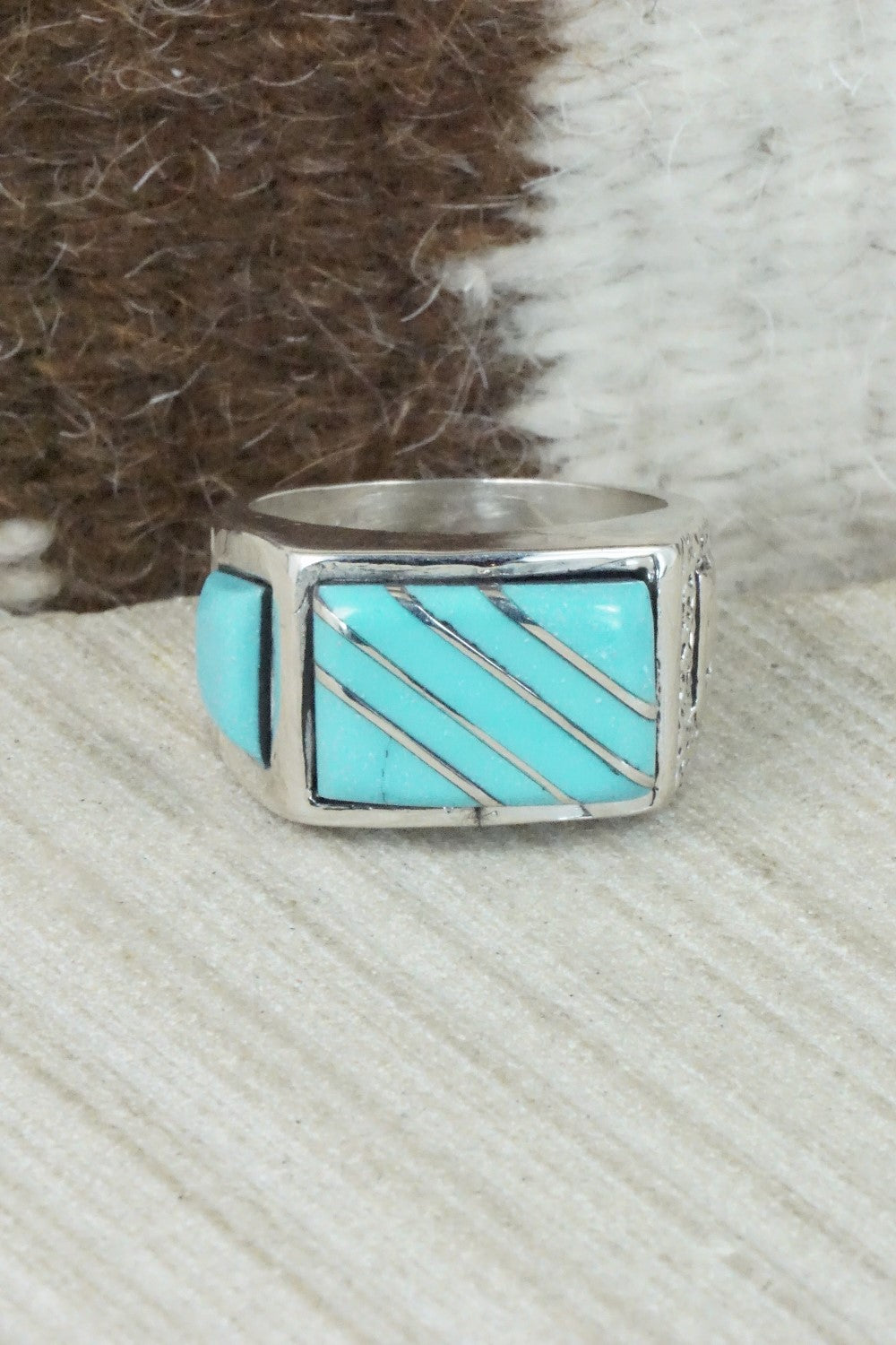 Turquoise & Sterling Silver Inlay Ring - Leslie & Gladys Lamy - Size 11