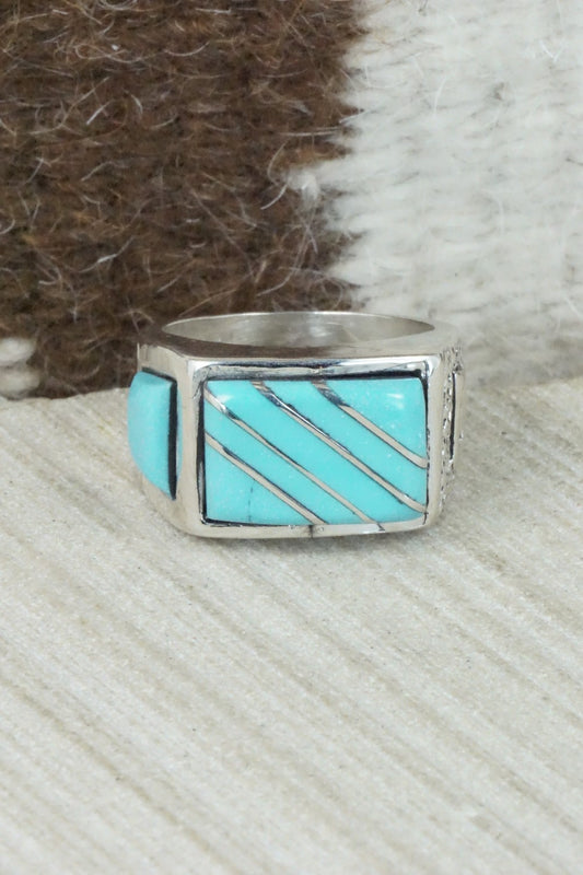 Turquoise & Sterling Silver Inlay Ring - Leslie & Gladys Lamy - Size 11