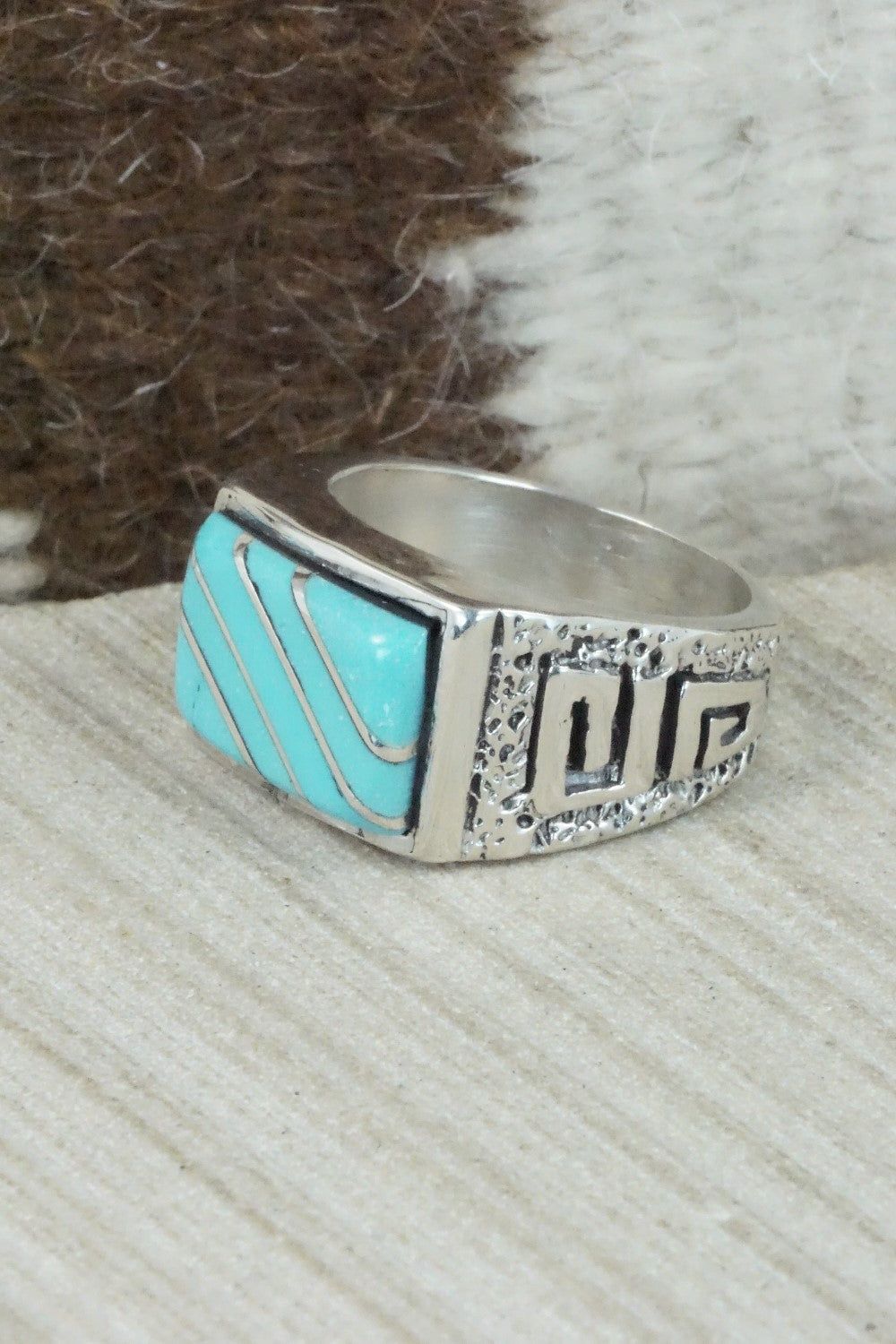 Turquoise & Sterling Silver Inlay Ring - Leslie & Gladys Lamy - Size 11