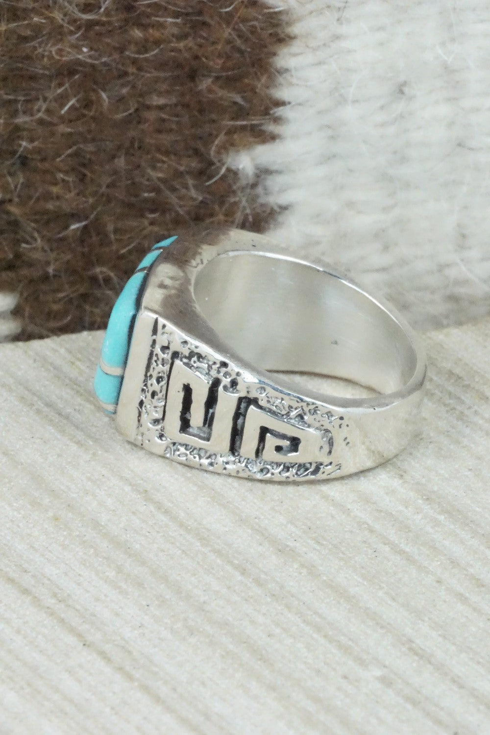 Turquoise & Sterling Silver Inlay Ring - Leslie & Gladys Lamy - Size 11