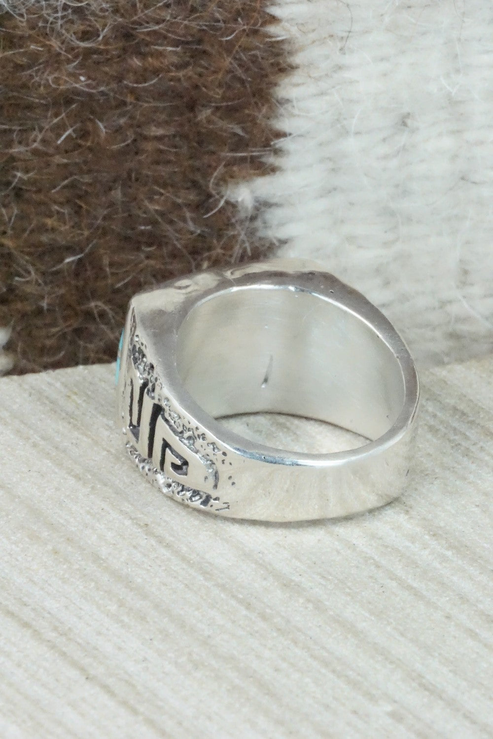 Turquoise & Sterling Silver Inlay Ring - Leslie & Gladys Lamy - Size 11