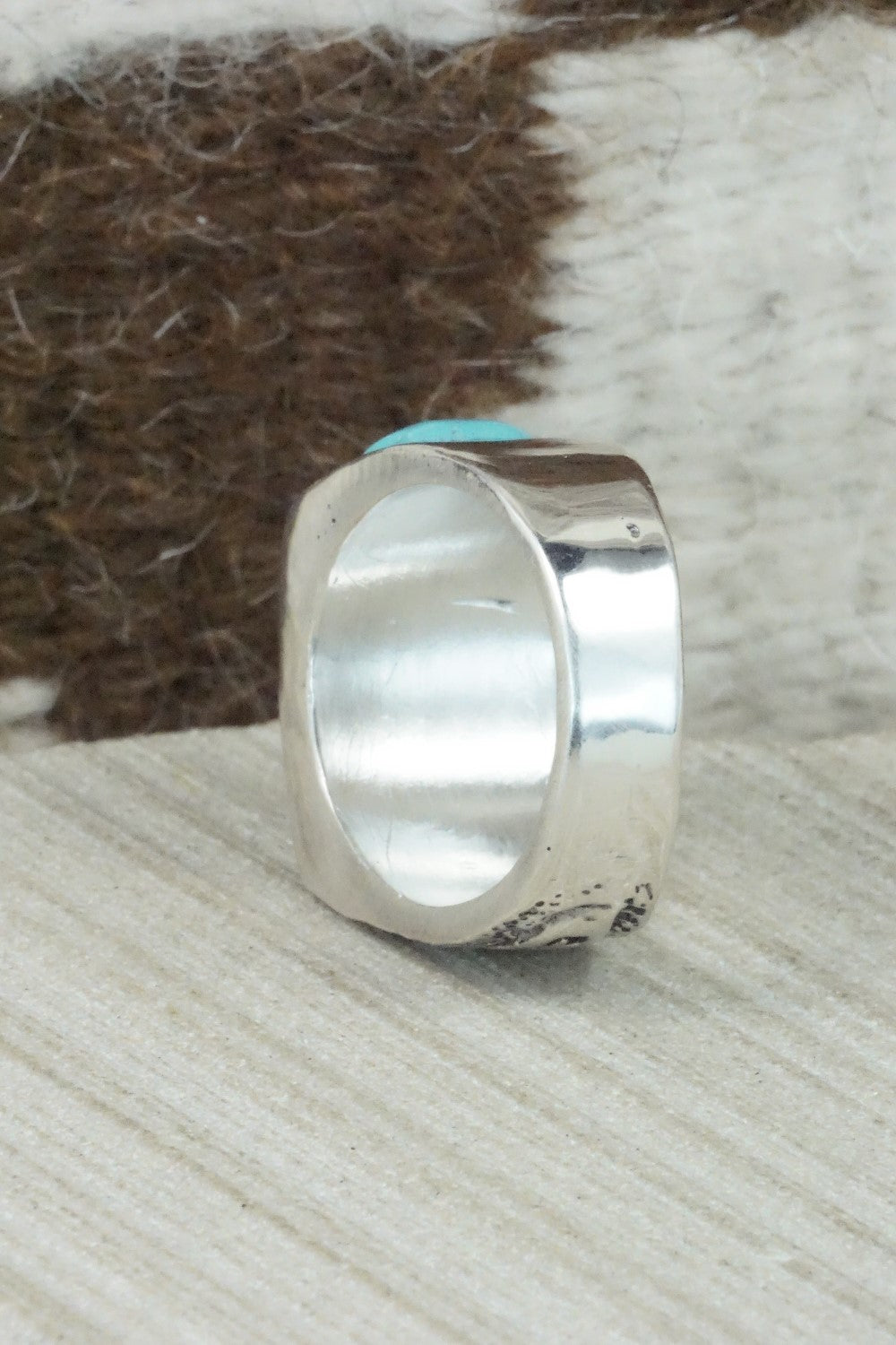 Turquoise & Sterling Silver Inlay Ring - Leslie & Gladys Lamy - Size 11