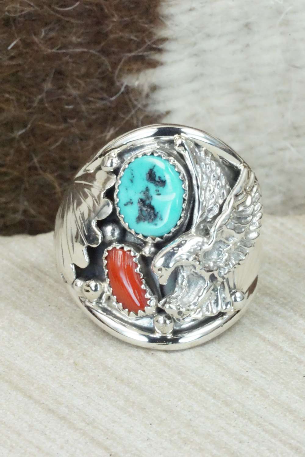 Turquoise, Coral and Sterling Silver Ring - Jeanette Calladitto - Size 13.25