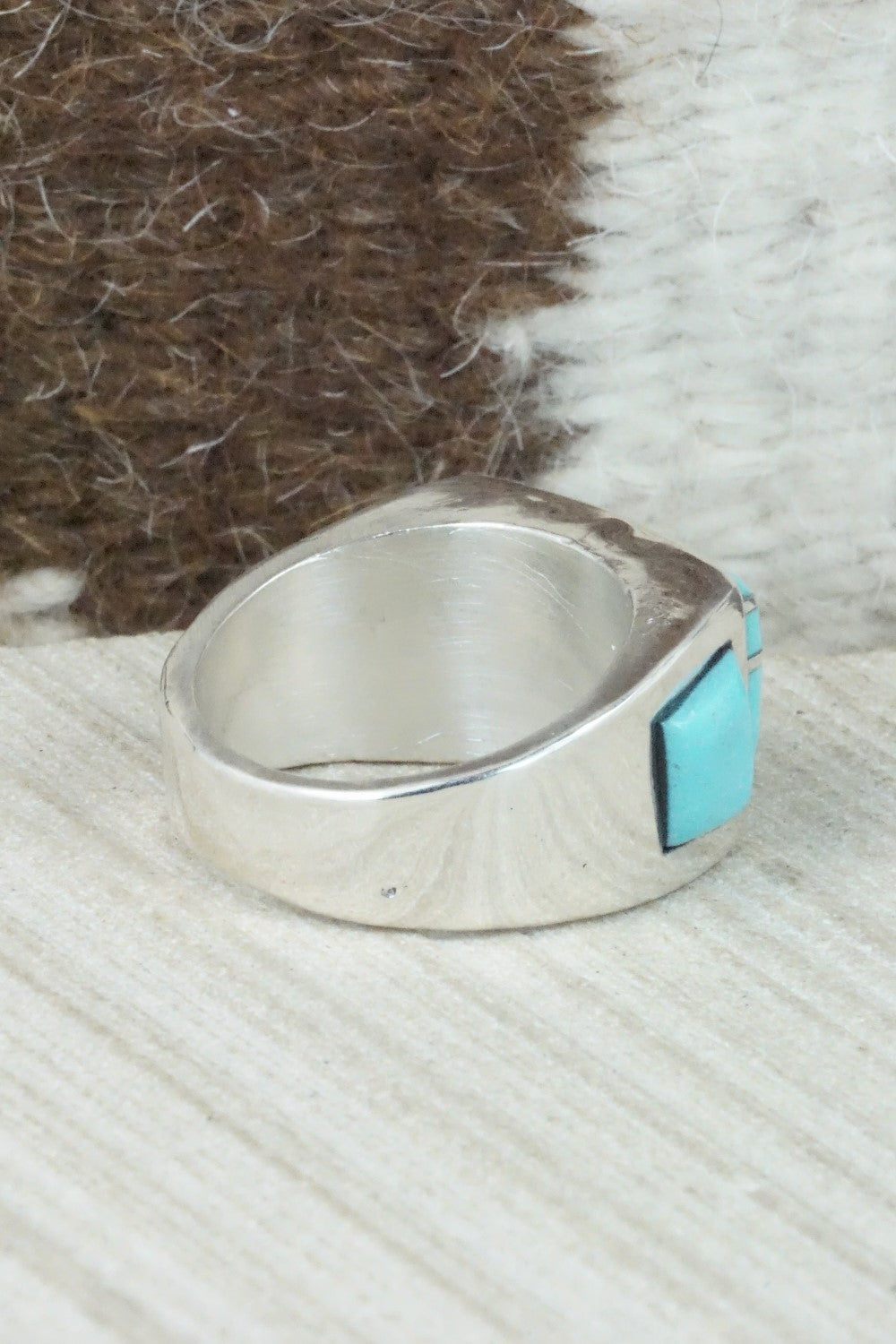 Turquoise & Sterling Silver Inlay Ring - Leslie & Gladys Lamy - Size 11