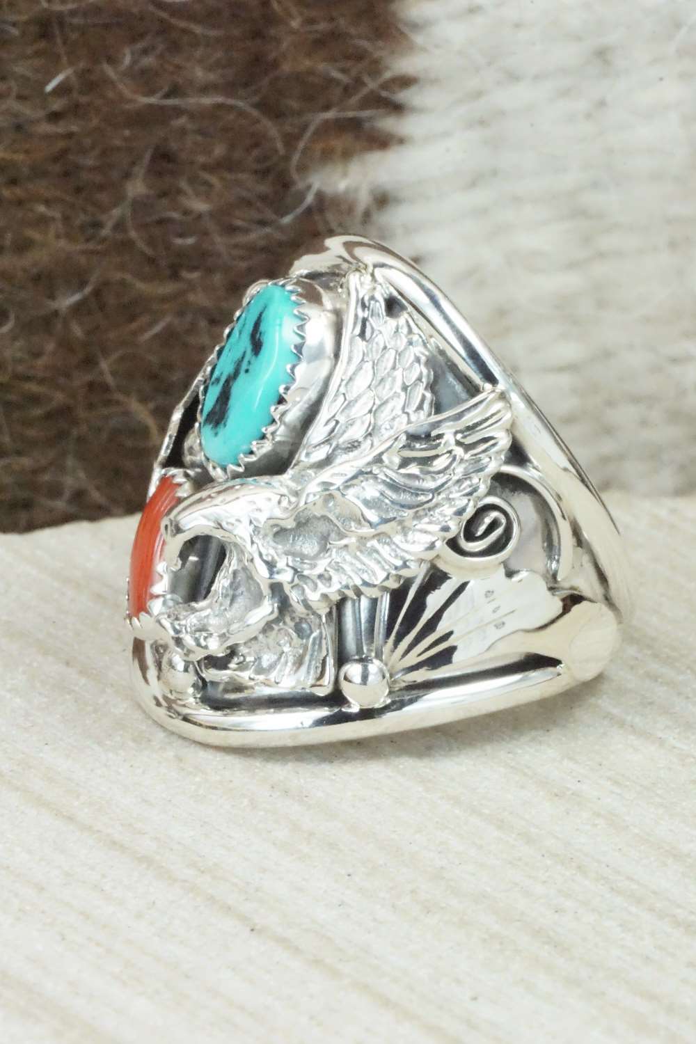 Turquoise, Coral and Sterling Silver Ring - Jeanette Calladitto - Size 13.25