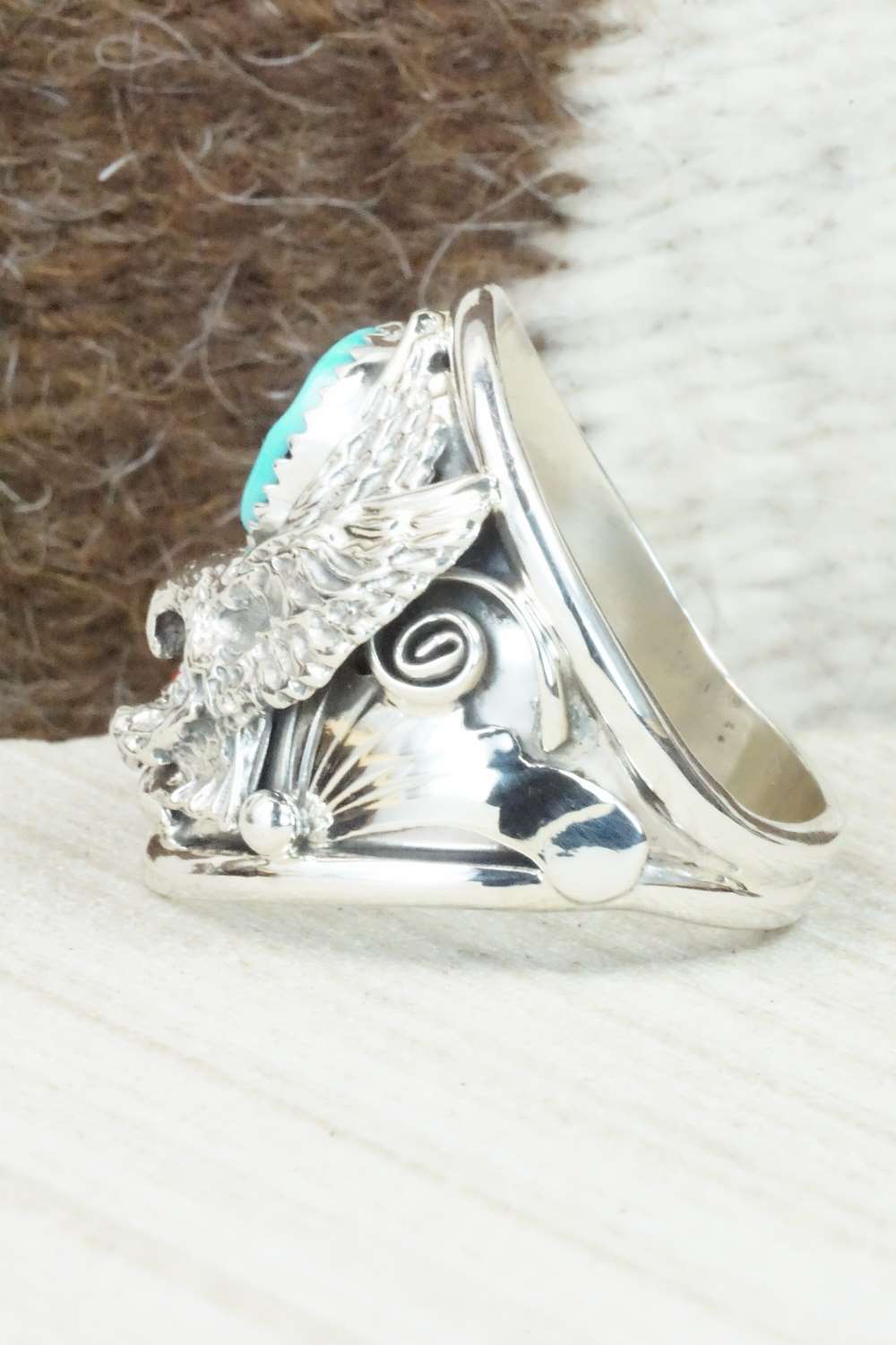 Turquoise, Coral and Sterling Silver Ring - Jeanette Calladitto - Size 13.25