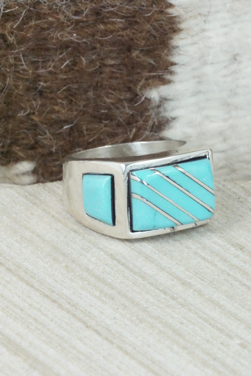 Turquoise & Sterling Silver Inlay Ring - Leslie & Gladys Lamy - Size 11