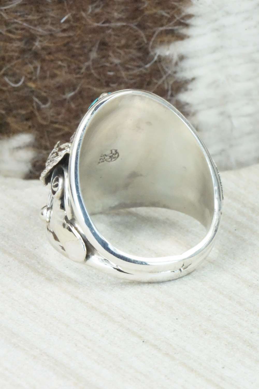 Turquoise, Coral and Sterling Silver Ring - Jeanette Calladitto - Size 13.25