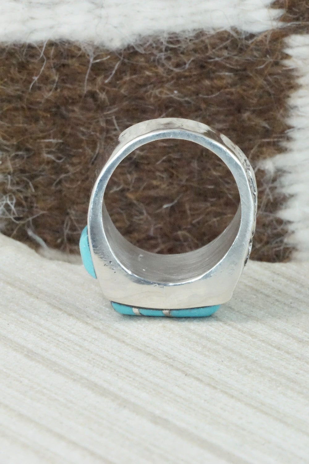 Turquoise & Sterling Silver Inlay Ring - Leslie & Gladys Lamy - Size 11