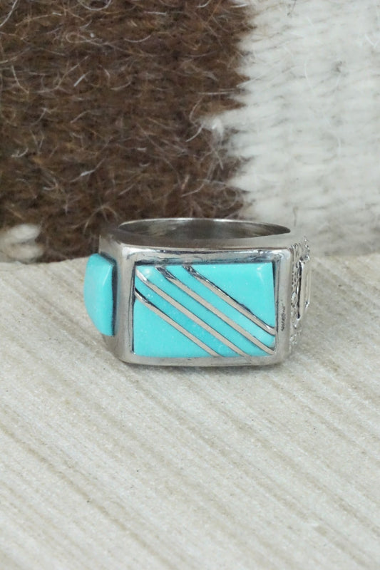 Turquoise & Sterling Silver Inlay Ring - Leslie & Gladys Lamy - Size 10.5