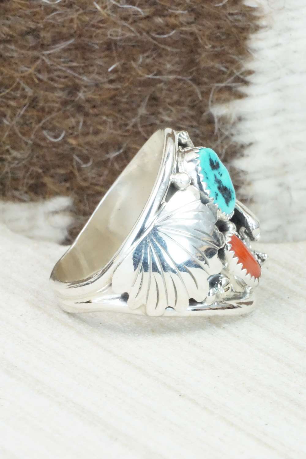 Turquoise, Coral and Sterling Silver Ring - Jeanette Calladitto - Size 13.25