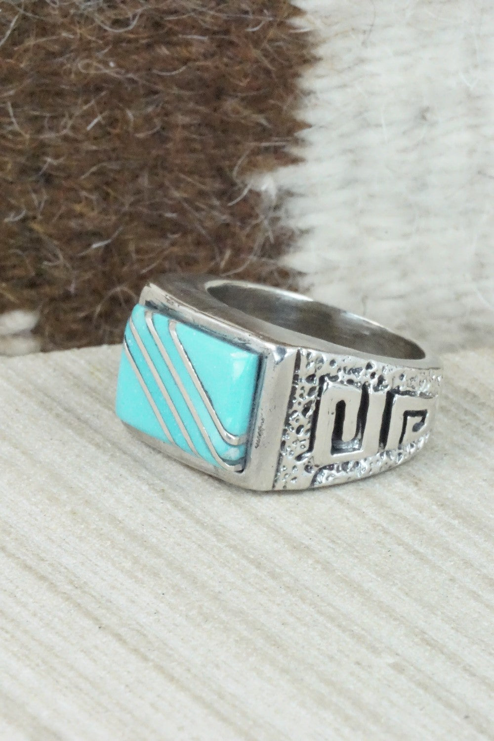 Turquoise & Sterling Silver Inlay Ring - Leslie & Gladys Lamy - Size 10.5