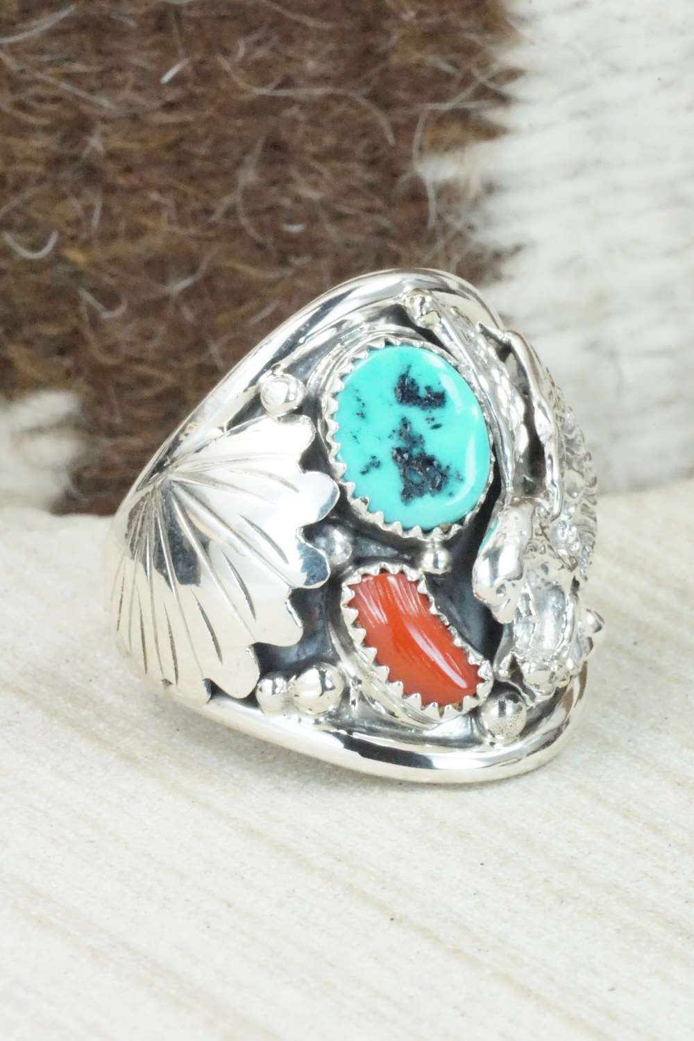 Turquoise, Coral and Sterling Silver Ring - Jeanette Calladitto - Size 13.25
