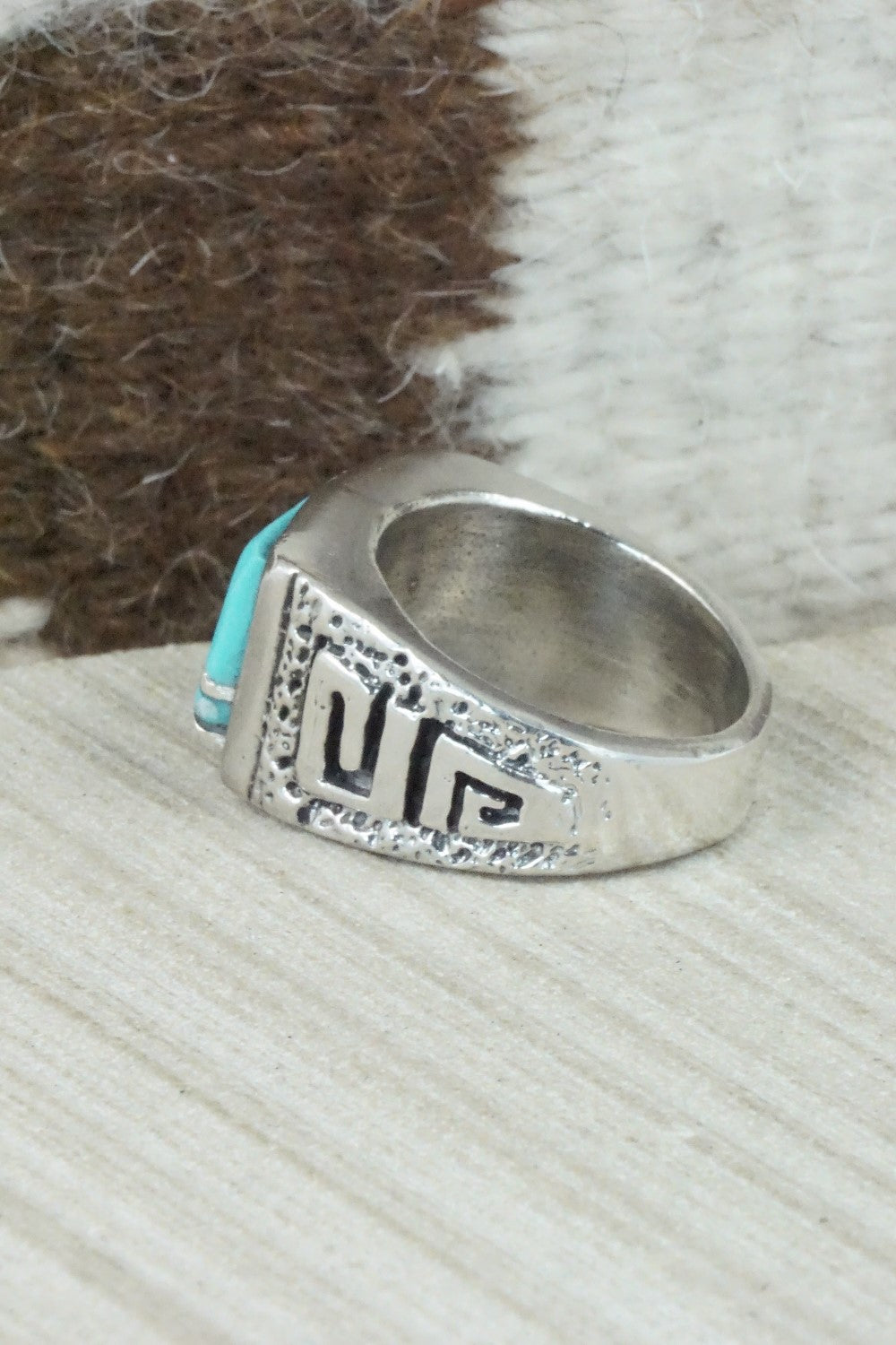 Turquoise & Sterling Silver Inlay Ring - Leslie & Gladys Lamy - Size 10.5