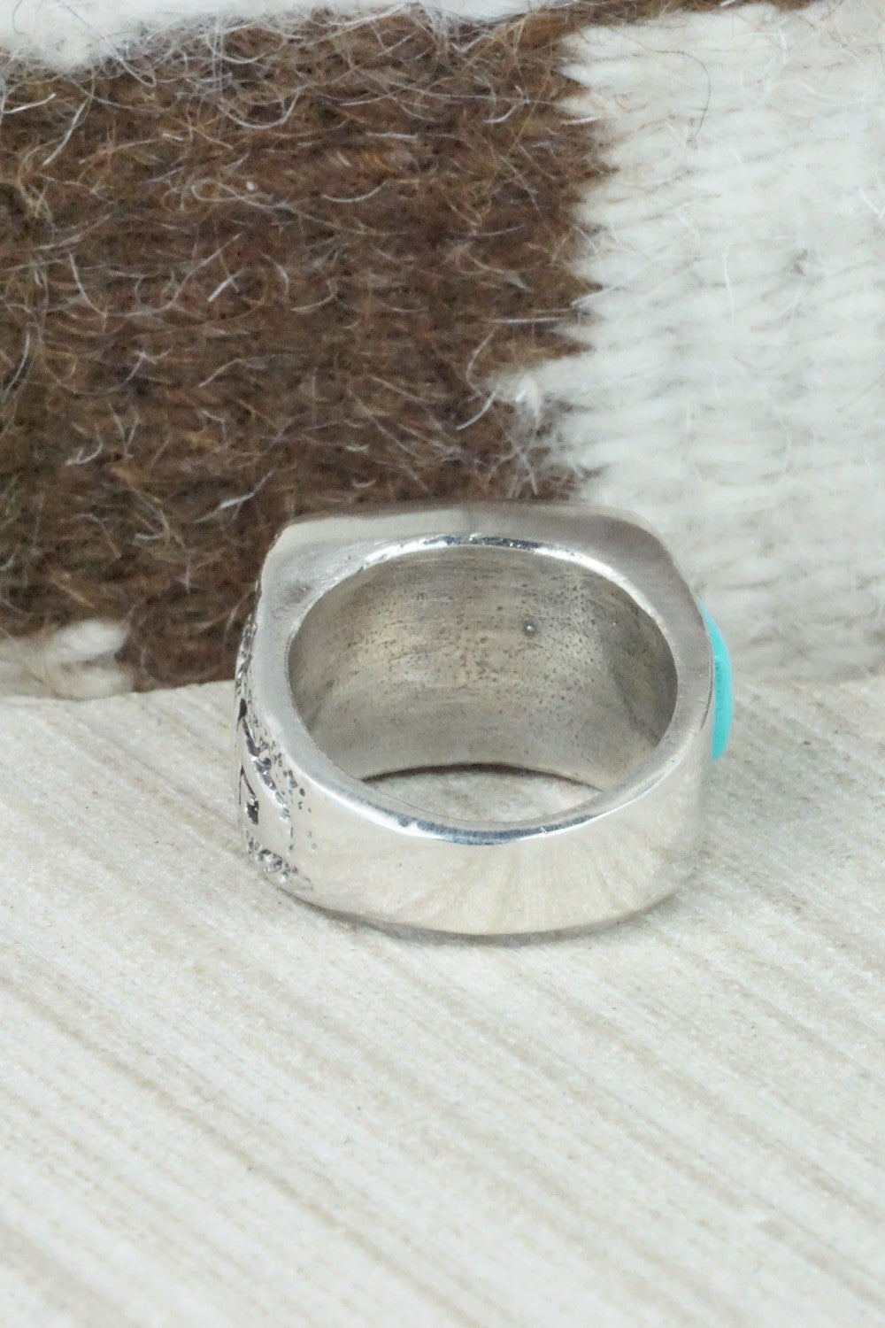 Turquoise & Sterling Silver Inlay Ring - Leslie & Gladys Lamy - Size 10.5