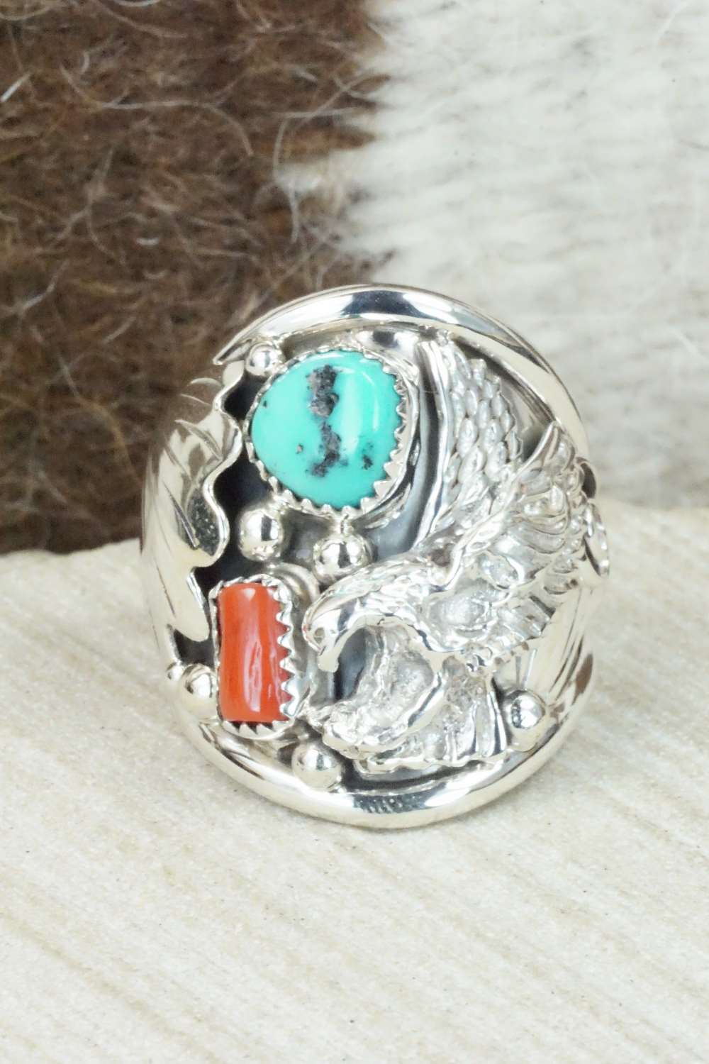 Turquoise, Coral and Sterling Silver Ring - Jeanette Calladitto - Size 10