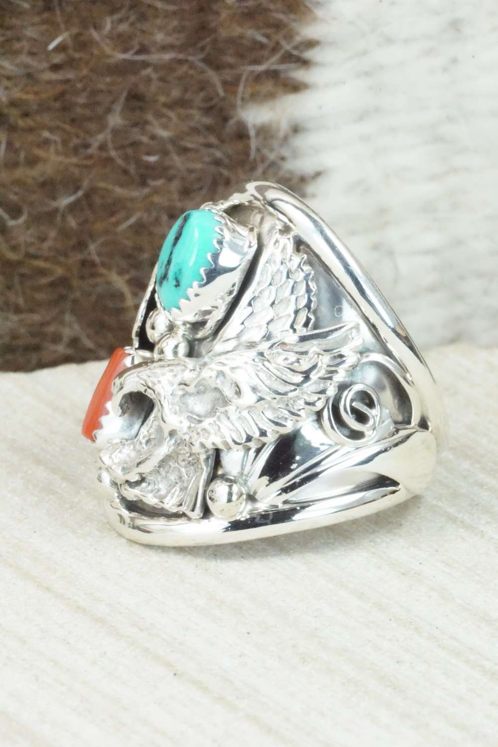 Turquoise, Coral and Sterling Silver Ring - Jeanette Calladitto - Size 10