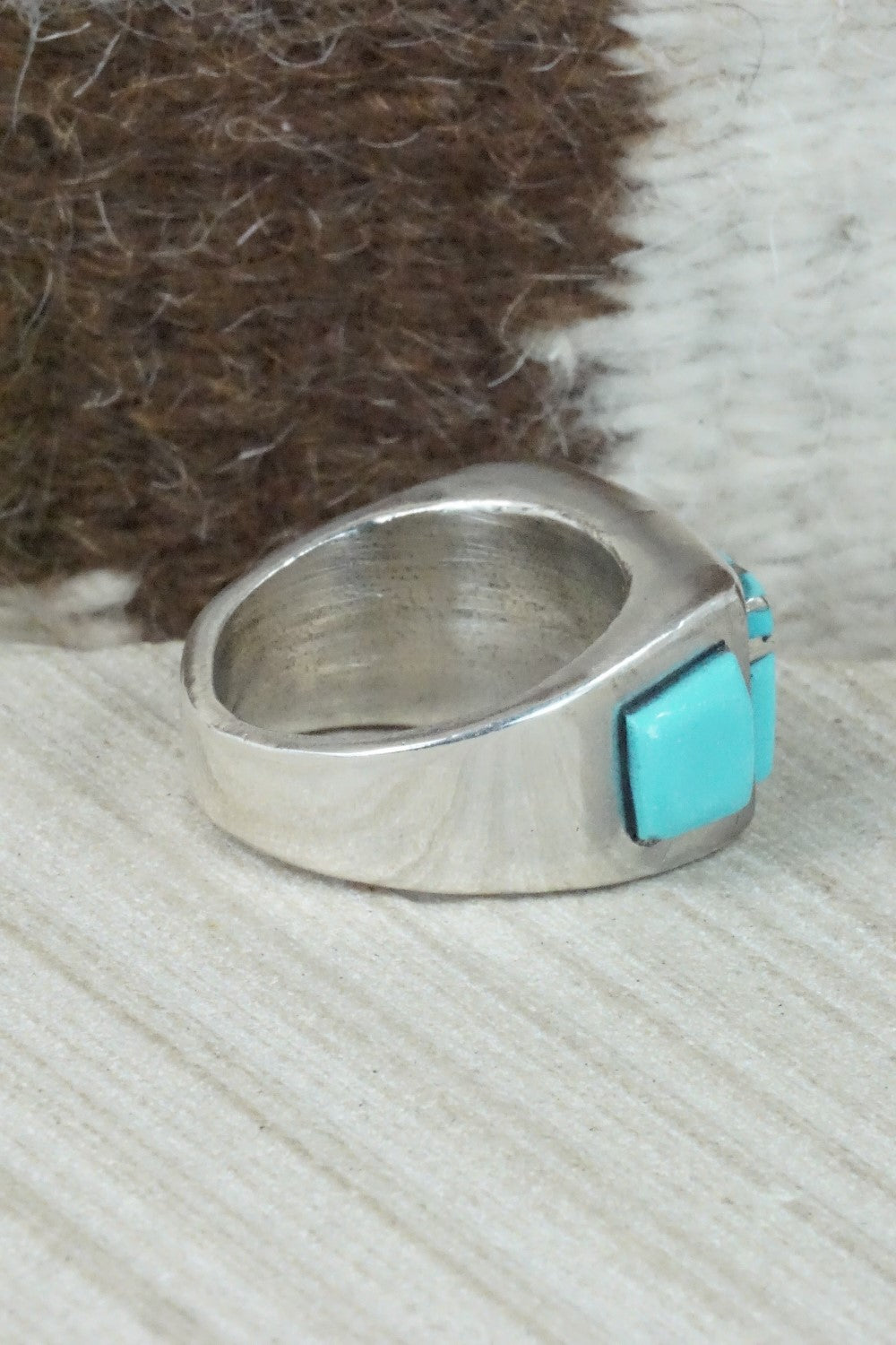 Turquoise & Sterling Silver Inlay Ring - Leslie & Gladys Lamy - Size 10.5