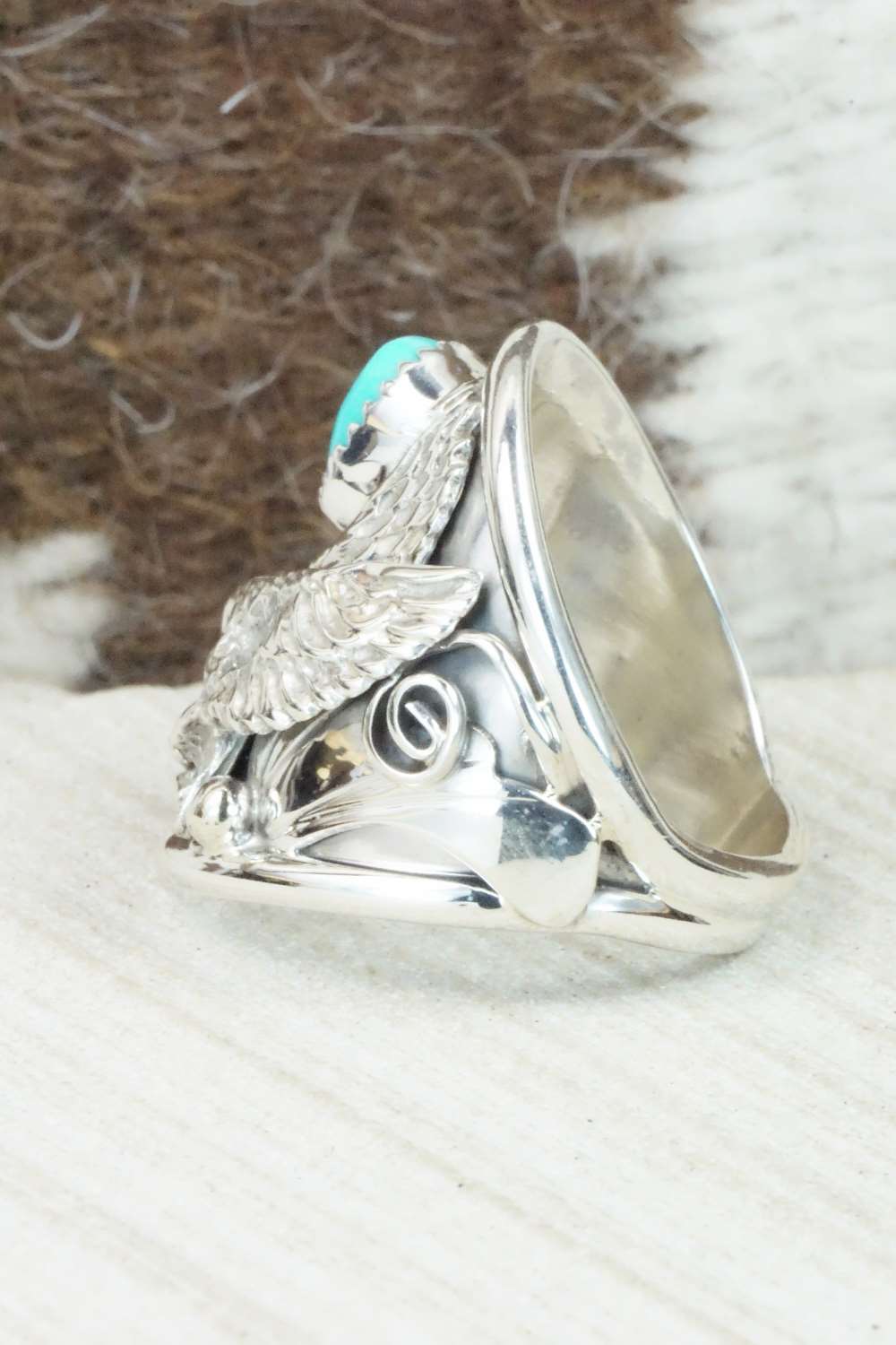 Turquoise, Coral and Sterling Silver Ring - Jeanette Calladitto - Size 10