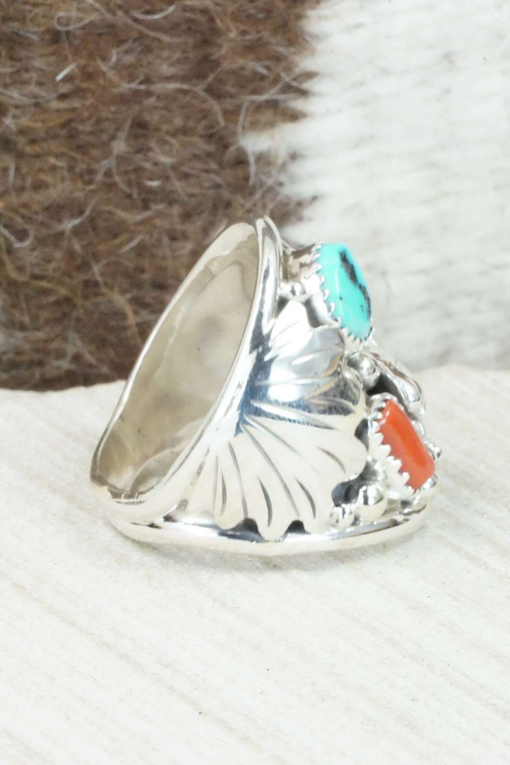 Turquoise, Coral and Sterling Silver Ring - Jeanette Calladitto - Size 10