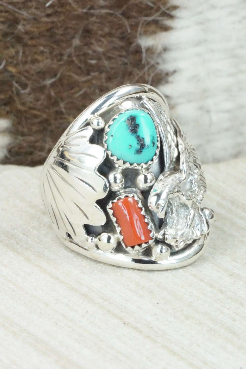 Turquoise, Coral and Sterling Silver Ring - Jeanette Calladitto - Size 10
