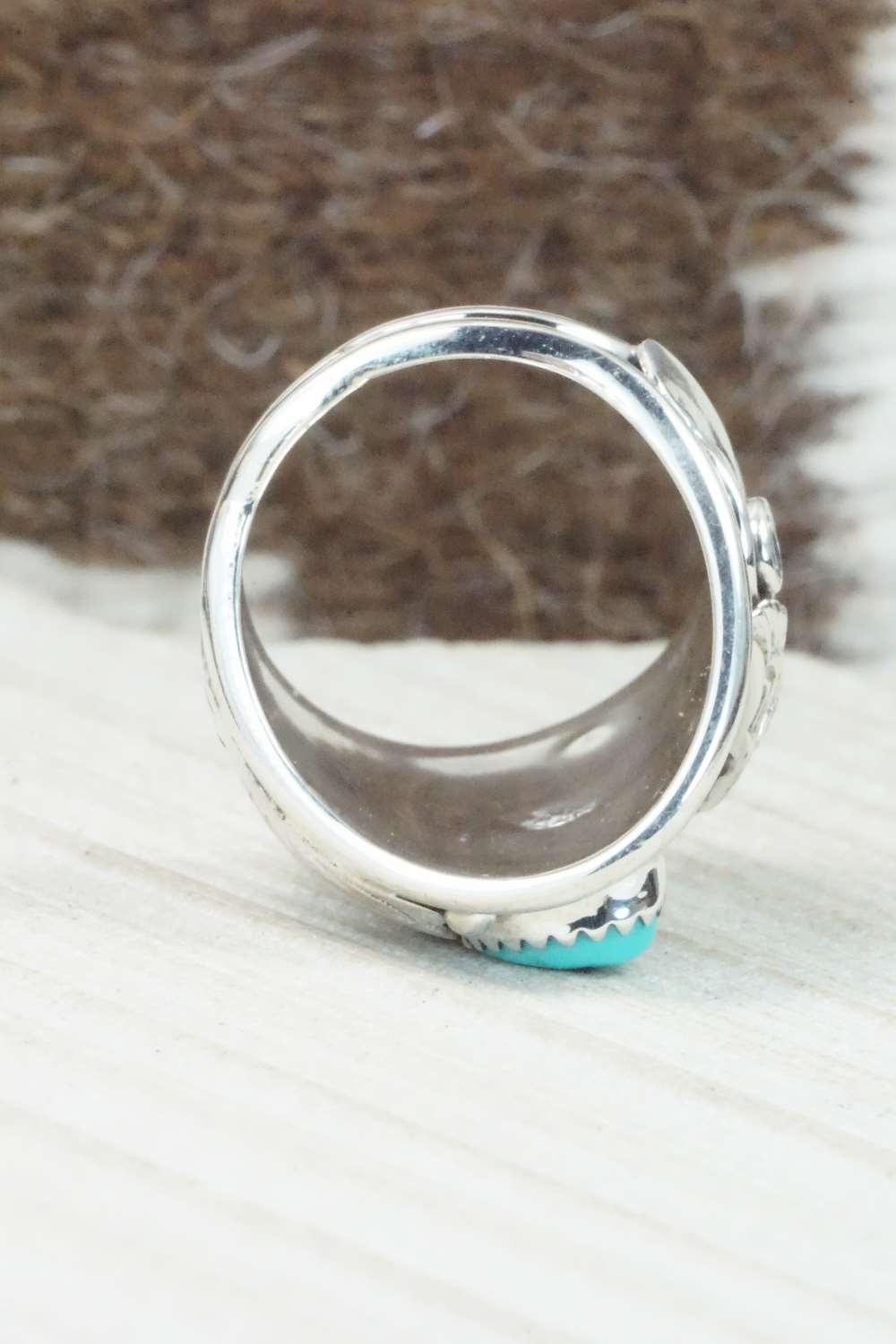 Turquoise, Coral and Sterling Silver Ring - Jeanette Calladitto - Size 10