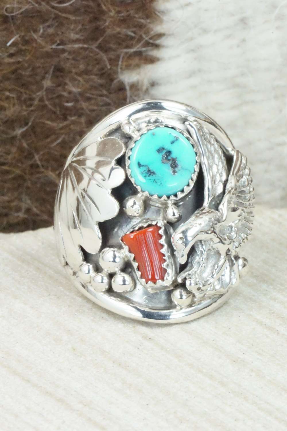 Turquoise, Coral and Sterling Silver Ring - Jeanette Calladitto - Size 10.5