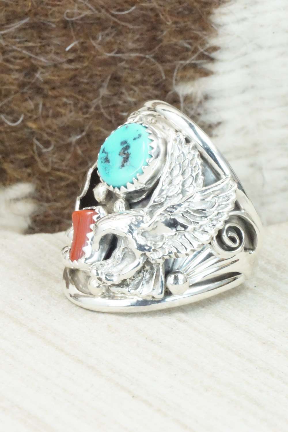 Turquoise, Coral and Sterling Silver Ring - Jeanette Calladitto - Size 10.5