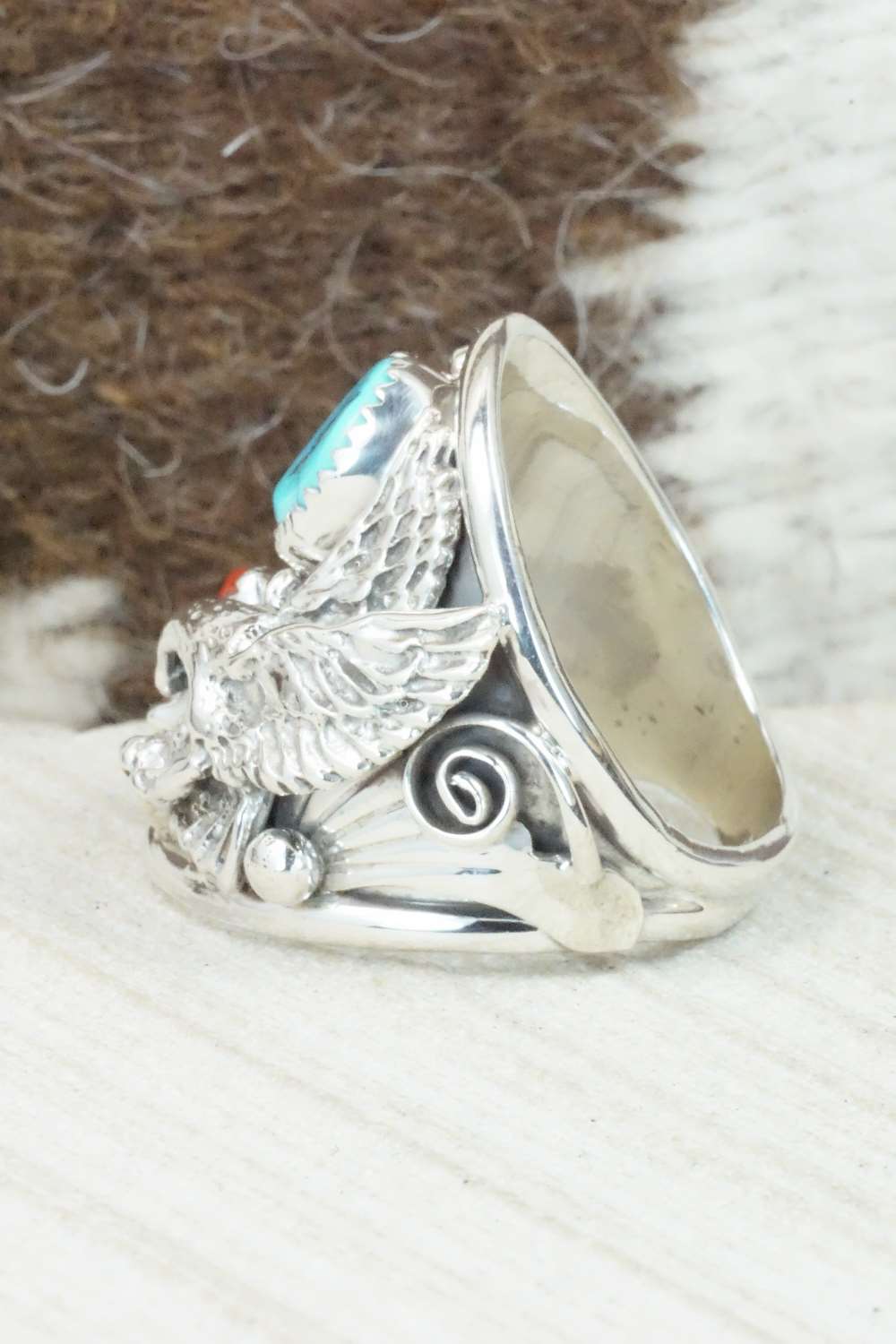 Turquoise, Coral and Sterling Silver Ring - Jeanette Calladitto - Size 10.5