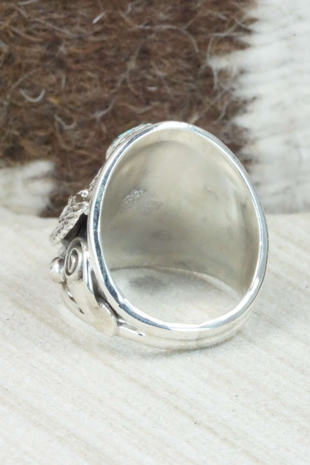 Turquoise, Coral and Sterling Silver Ring - Jeanette Calladitto - Size 10.5