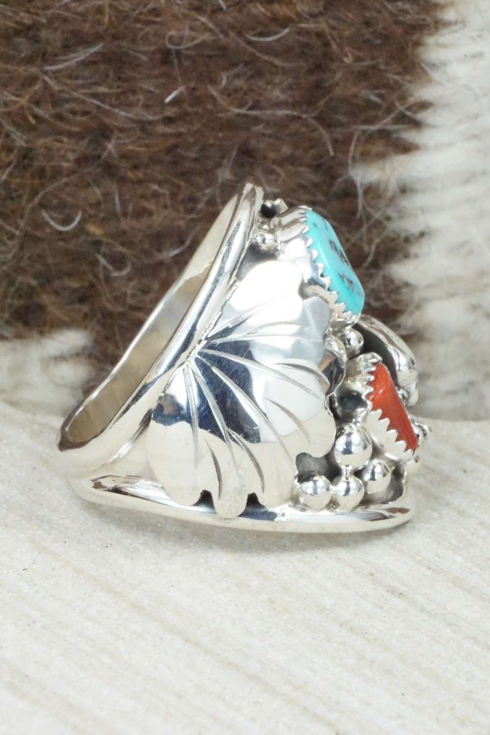 Turquoise, Coral and Sterling Silver Ring - Jeanette Calladitto - Size 10.5