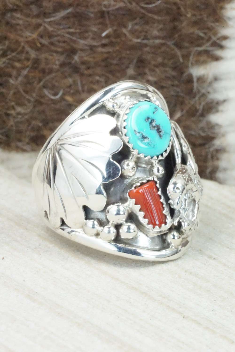 Turquoise, Coral and Sterling Silver Ring - Jeanette Calladitto - Size 10.5