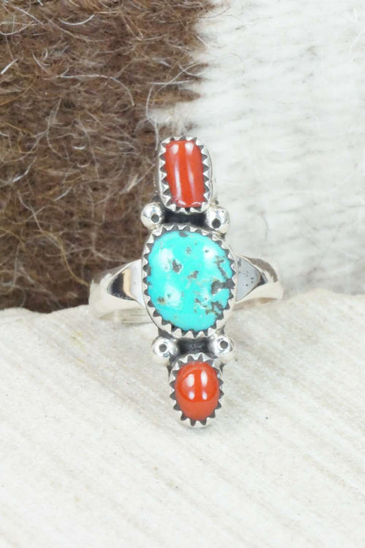 Turquoise, Coral & Sterling Silver Ring - Priscilla Reeder - Size 7.5