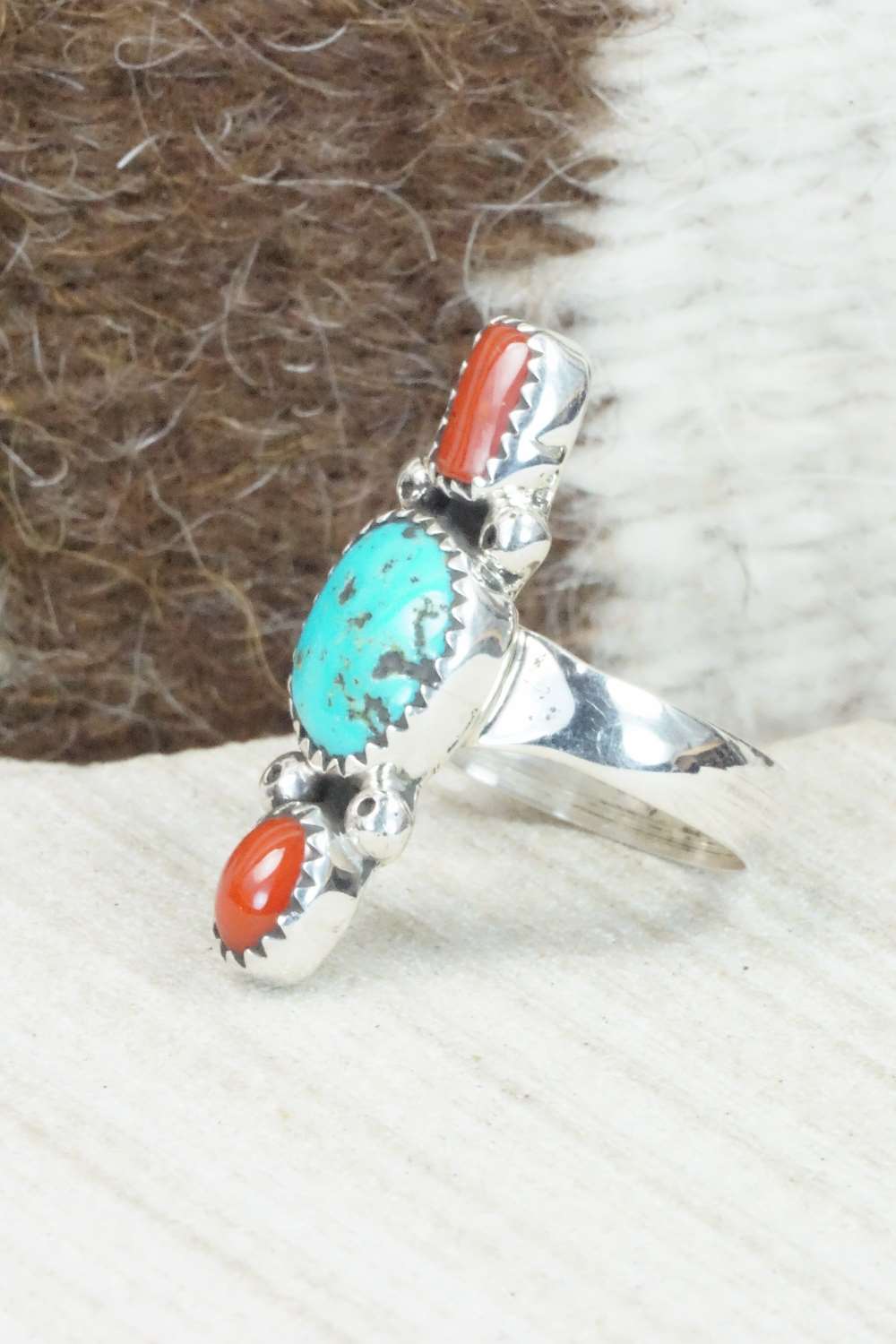 Turquoise, Coral & Sterling Silver Ring - Priscilla Reeder - Size 7.5